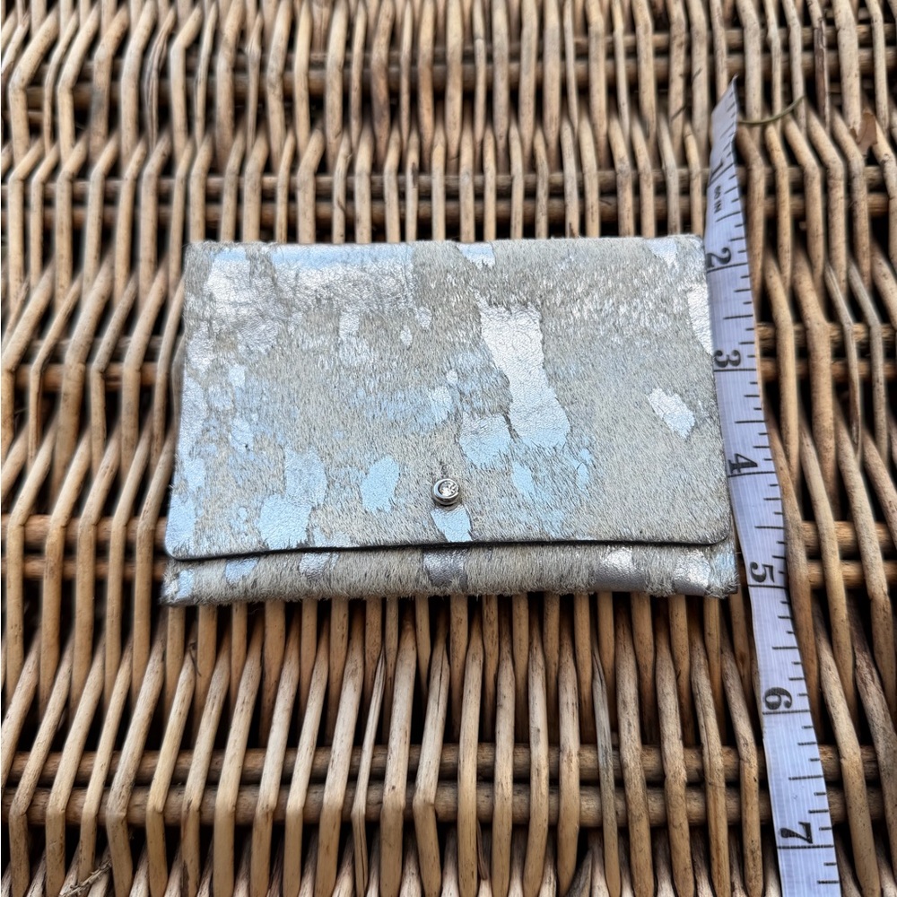 NWOT Pony-Hair-calf on hide leather clutch wallet metallic foil Silver stud dyed
